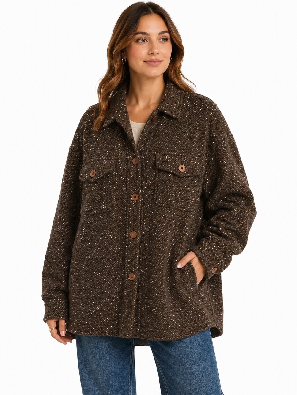 VTG Sunice Women's Herringbone Wool Blend Jacket Brown Button Front Coat - M